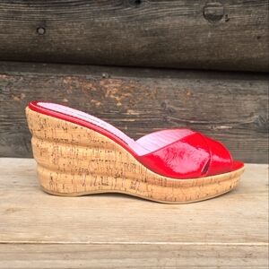 Via Spiga Red Patent Leather, Peep Toe, Platform, Cork Wedge, Sandals WMS 7.5M